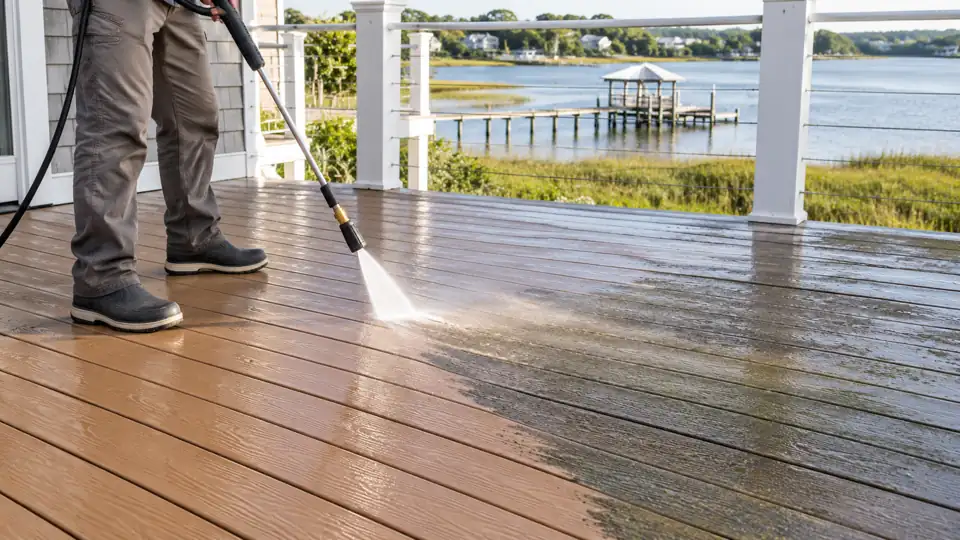 Low-pressure cleaning restores modern composite deck boards without damage