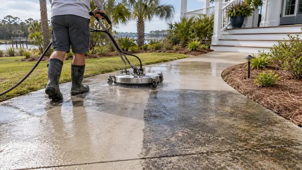 Rotary surface cleaner creating a clean path across a concrete walkway