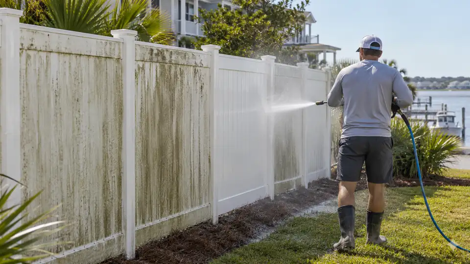 Technician soft washing a weathered residential privacy fence