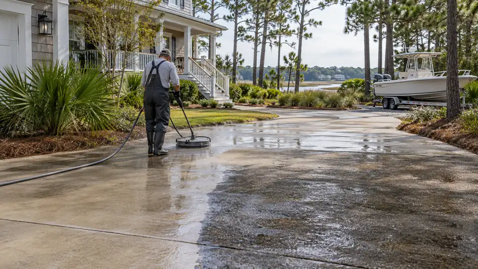 Technician cleaning a Hampstead driveway at a pine-lined coastal home