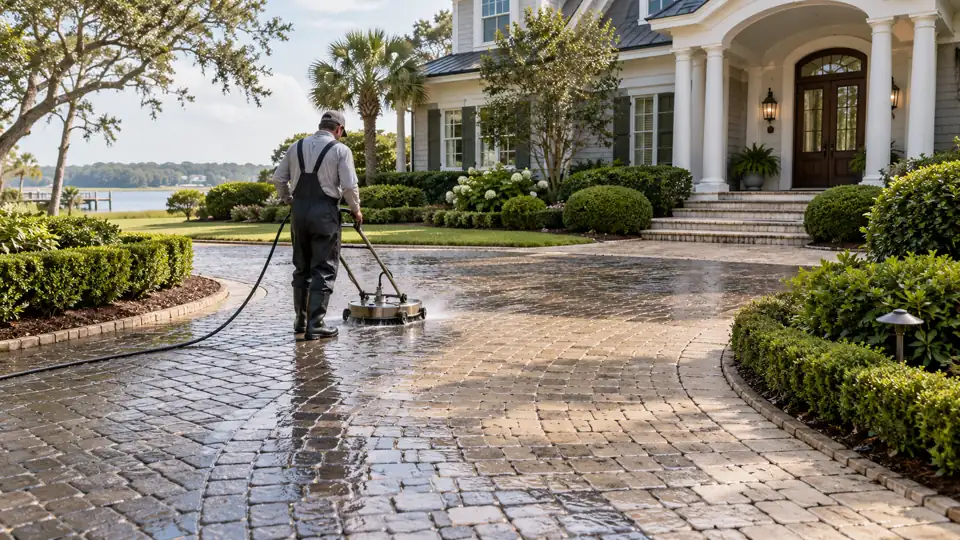 Surface cleaning an upscale Landfall driveway with manicured landscaping