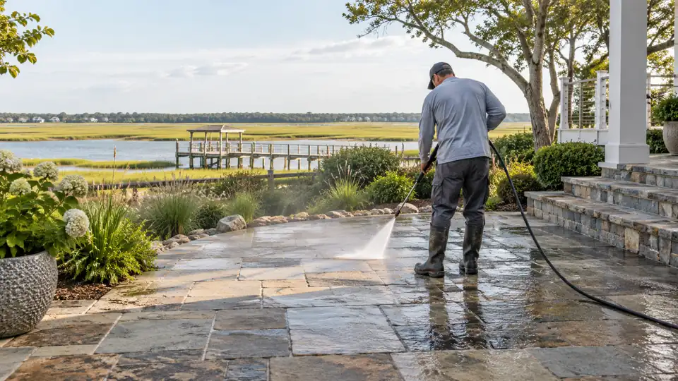 Stone patio cleaning at a waterfront Masonboro home with marsh landscaping
