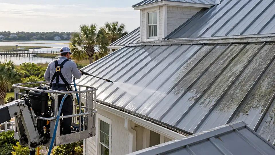 Technician safely cleaning weathered standing-seam metal roofing