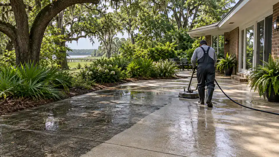 Technician washing a shaded patio at a Myrtle Grove ranch home
