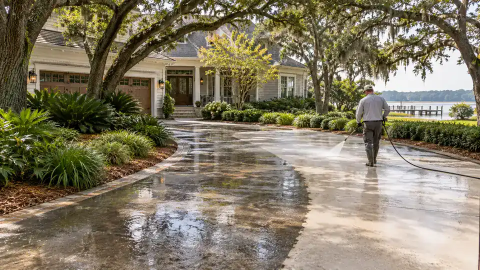 Technician washing a long Porters Neck driveway beneath live oak trees