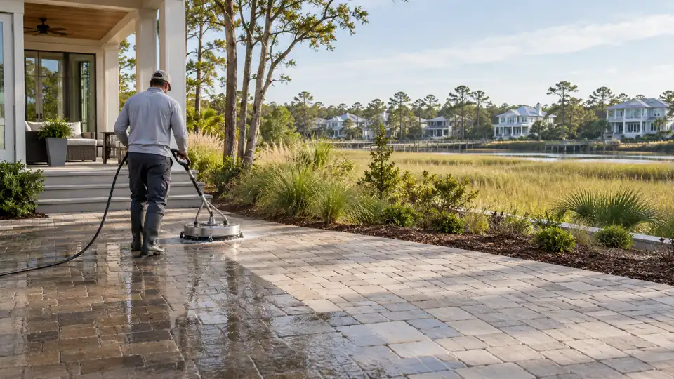 Paver patio cleaning at a modern Riverlights home with coastal landscaping