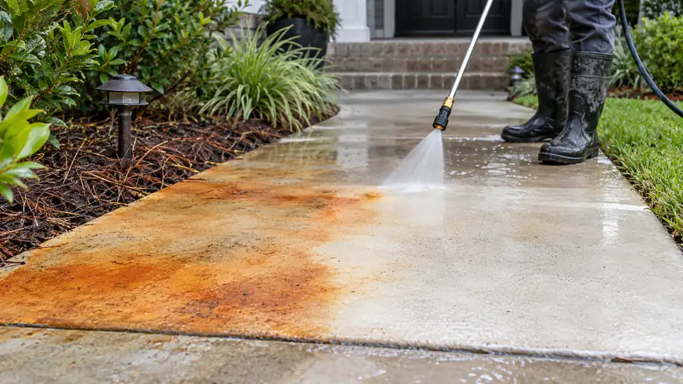 Controlled treatment removing orange irrigation rust stains from concrete