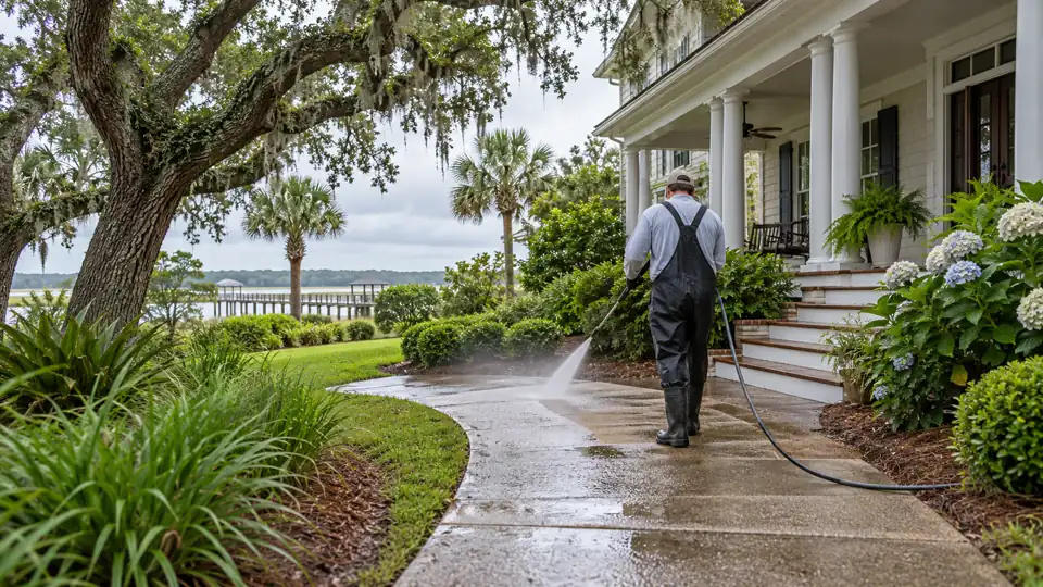 Technician pressure washing a walkway outside a coastal Wilmington-area home