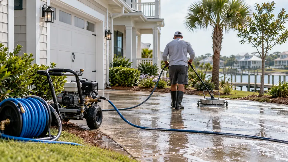 Technician operating a surface cleaner with professional pressure washing equipment