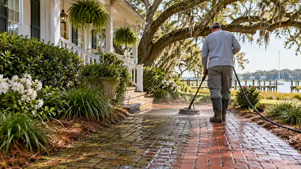 Gentle brick walkway cleaning beside a coastal Southport cottage