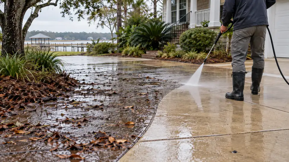 Technician washing storm mud and leaf residue from a residential driveway