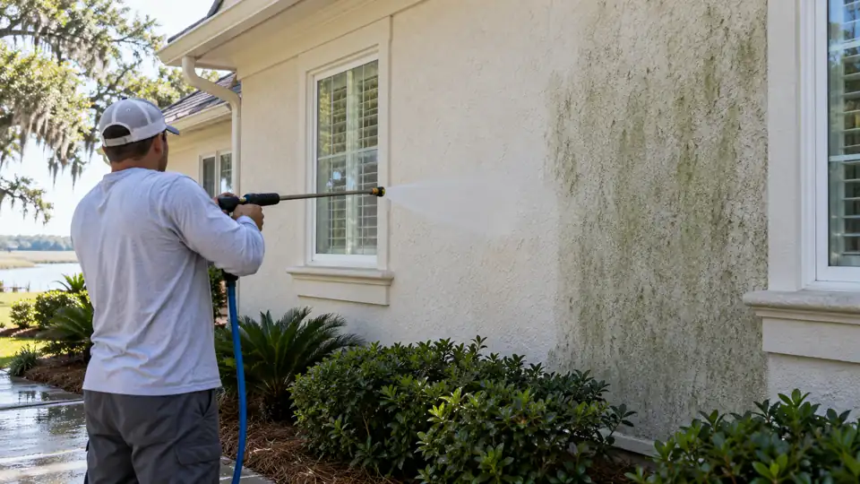 Low-pressure washing cleans algae from a light-colored stucco exterior wall
