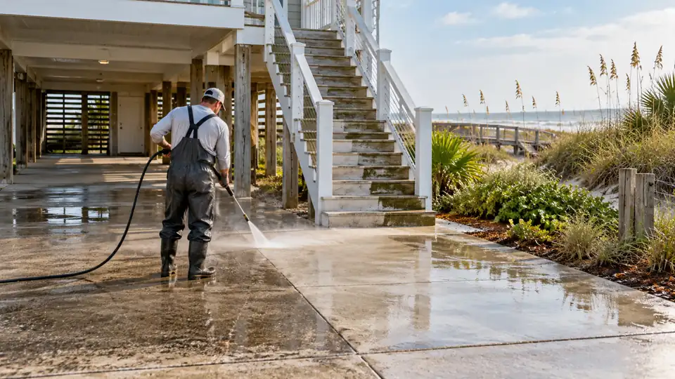 Cleaning exterior stairs at an elevated Wrightsville Beach coastal home